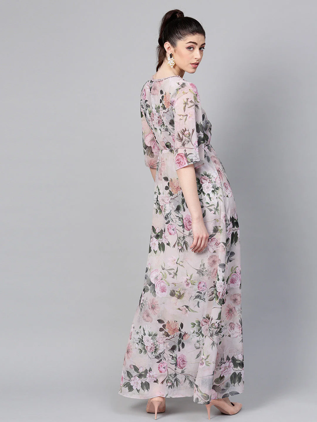 Women Pista Green Floral V-Neck Maxi - Image 3