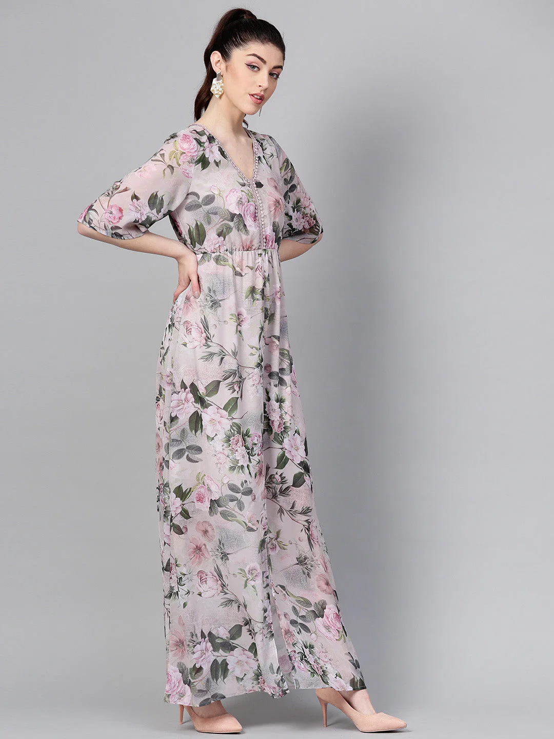 Women Pista Green Floral V-Neck Maxi - Image 4