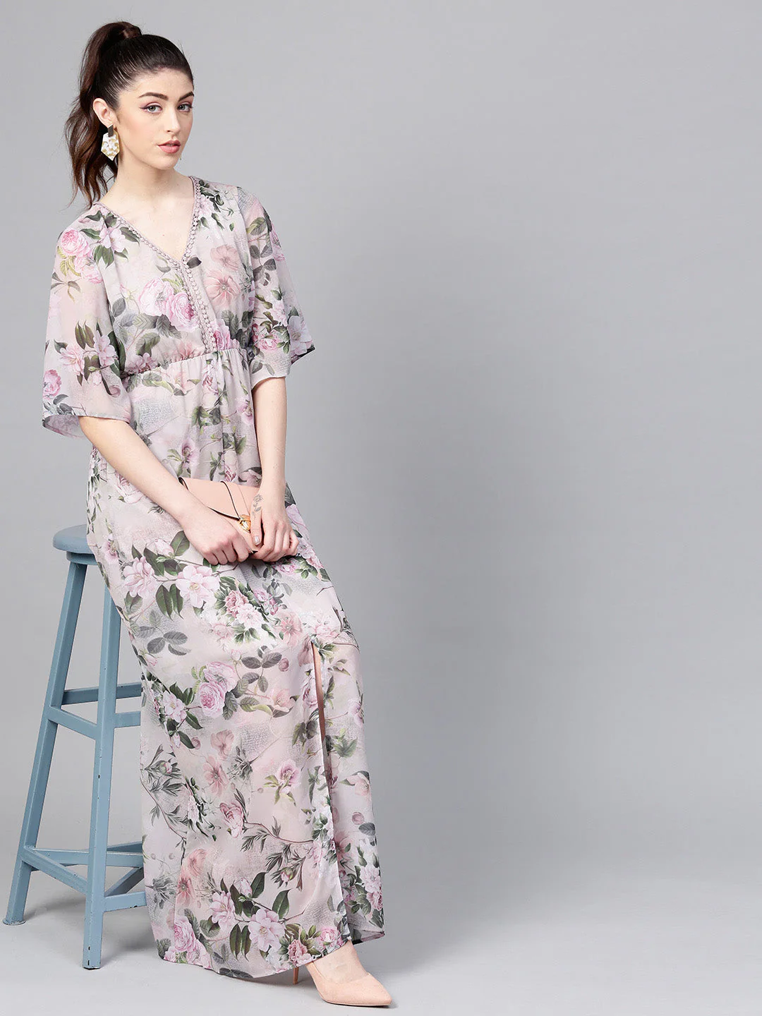 Women Pista Green Floral V-Neck Maxi - Image 6