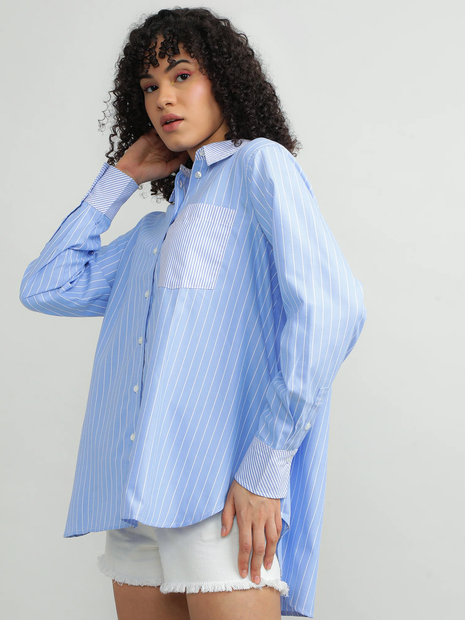 Women Polyester Blue Smart Shirt - Image 2