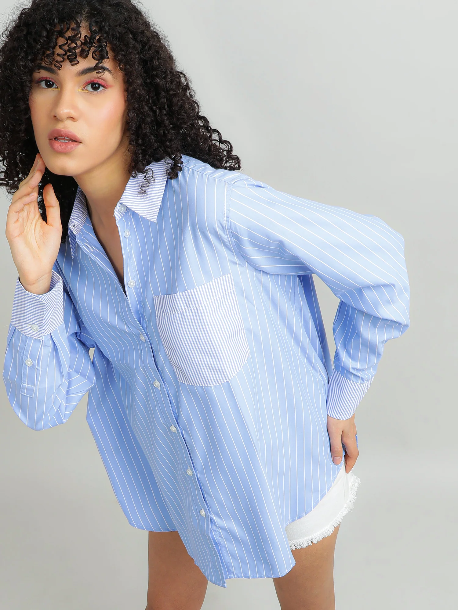 Women Polyester Blue Smart Shirt - Image 9