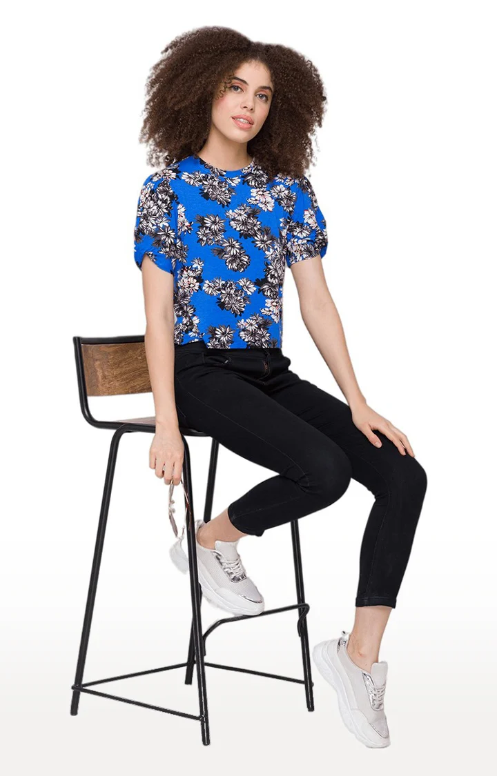 Women Floral Print Blue Top - Image 3