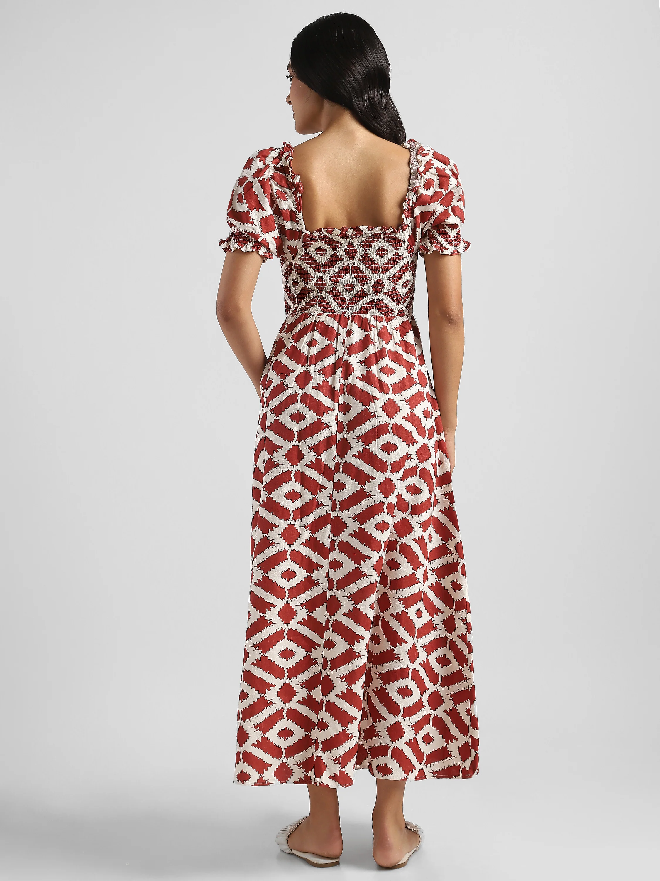 Women Printed Brown Baloon Sleeve Maxi Dress - Image 2