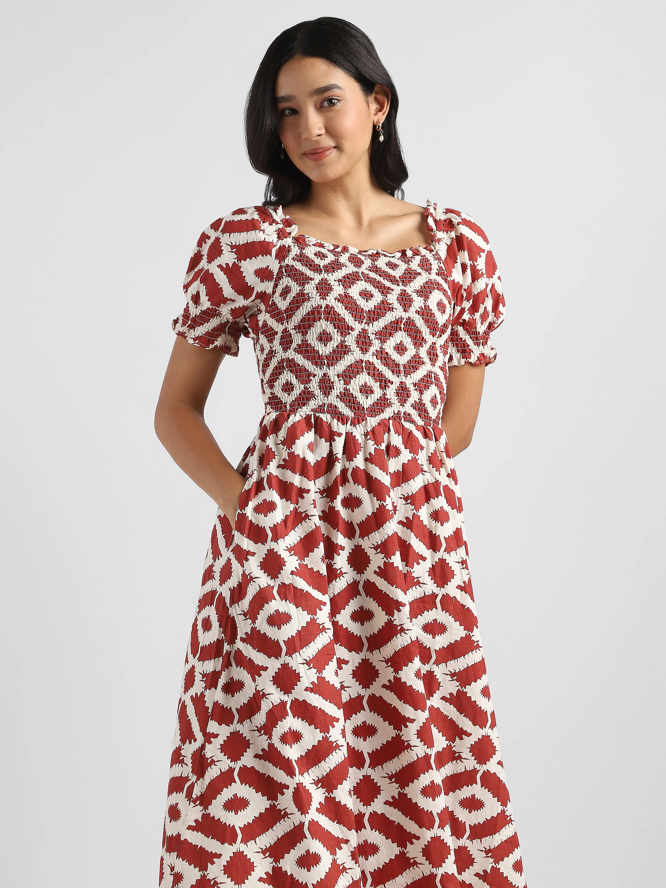 Women Printed Brown Baloon Sleeve Maxi Dress - Image 5