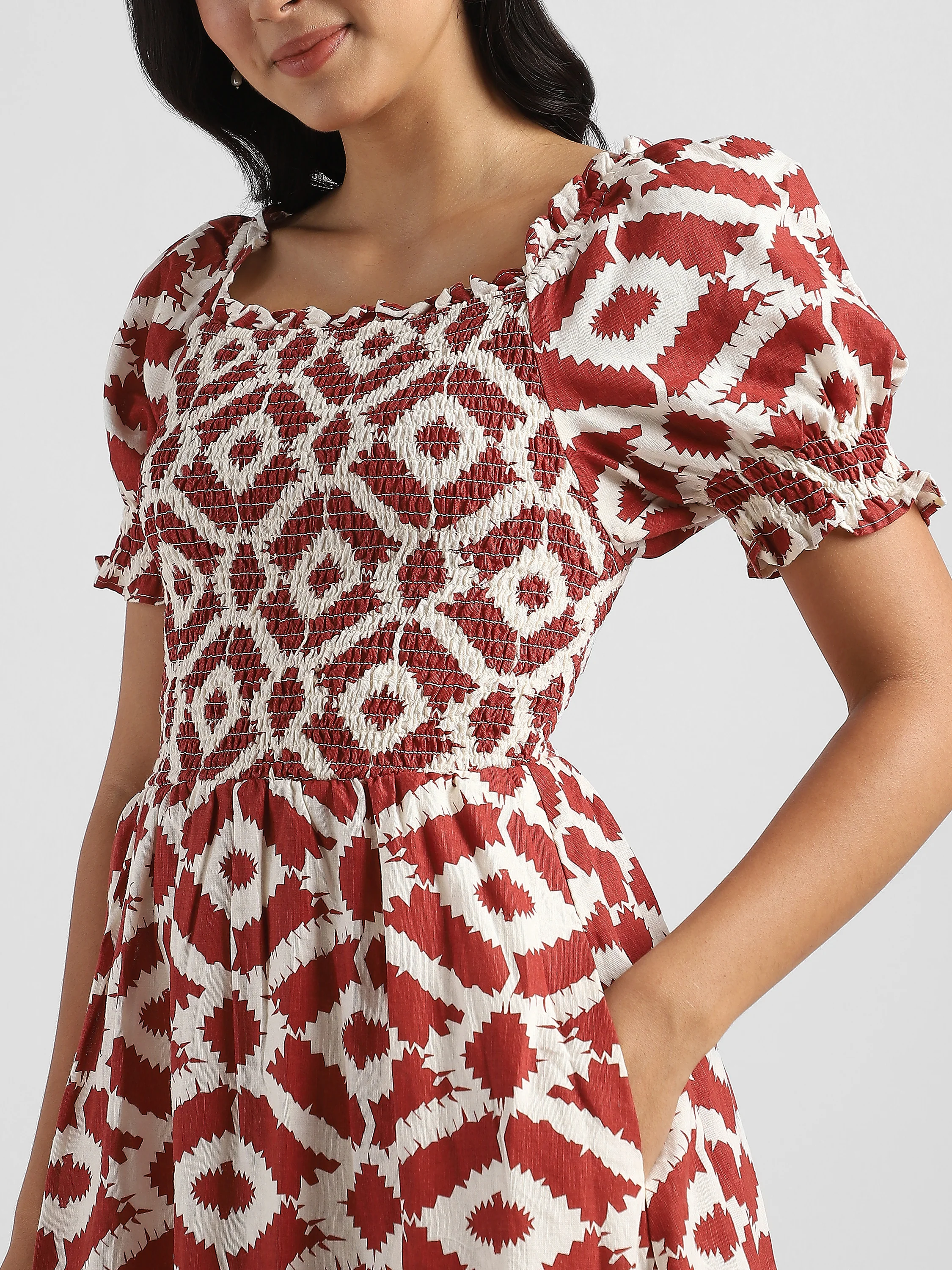 Women Printed Brown Baloon Sleeve Maxi Dress - Image 6