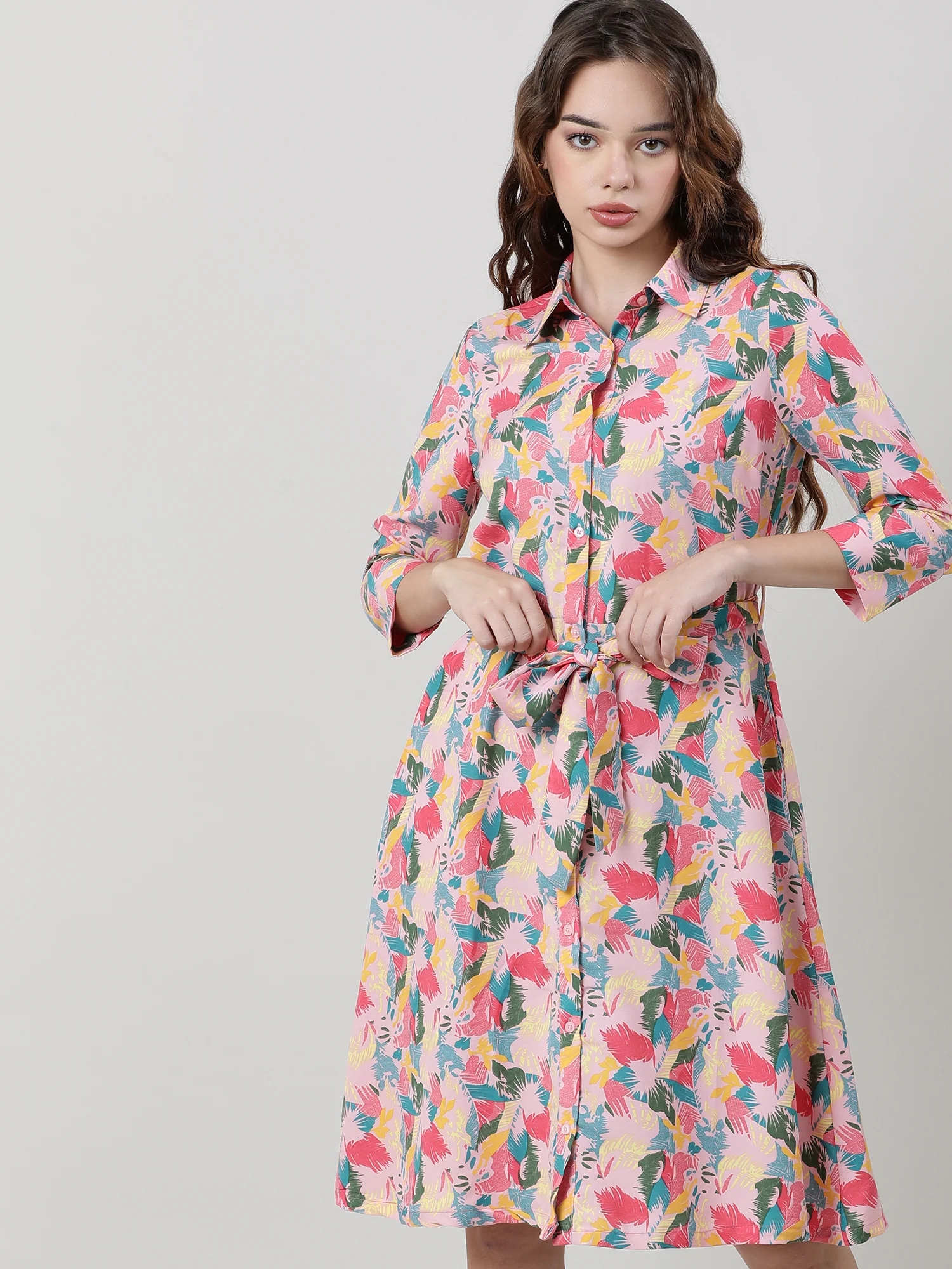 Women Printed With Belt A Line Dress - Image 2