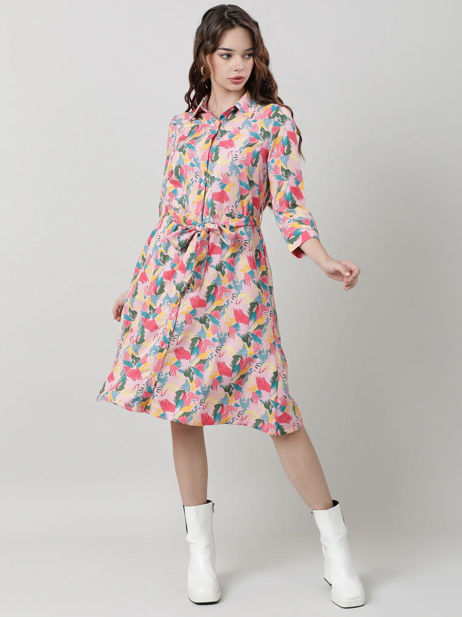 Women Printed With Belt A Line Dress - Image 6