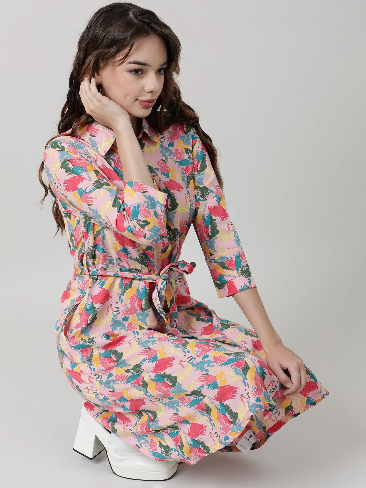 Women Printed With Belt A Line Dress - Image 7