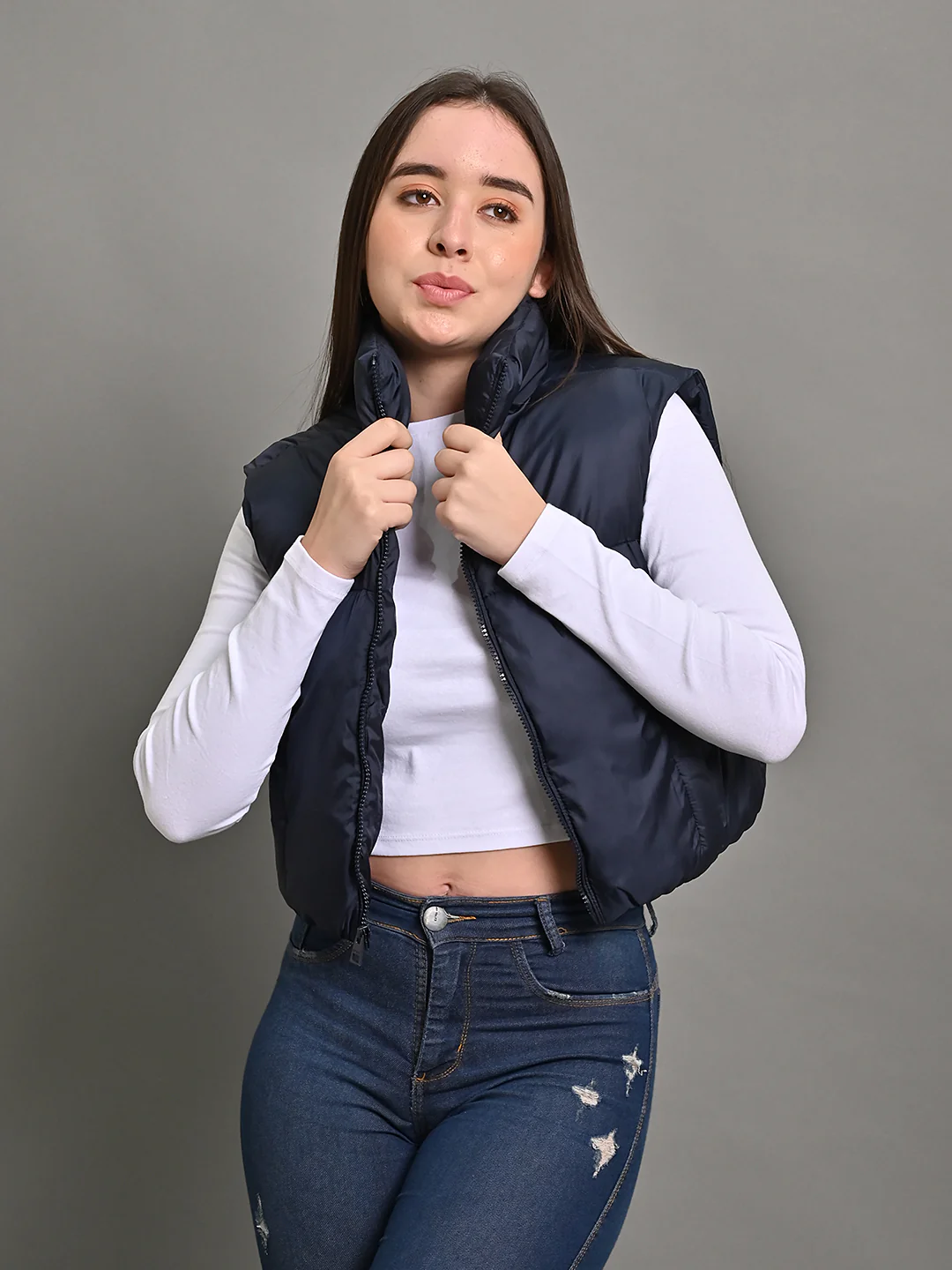 Women Puffer Crop Dark Blue Jacket - Image 2