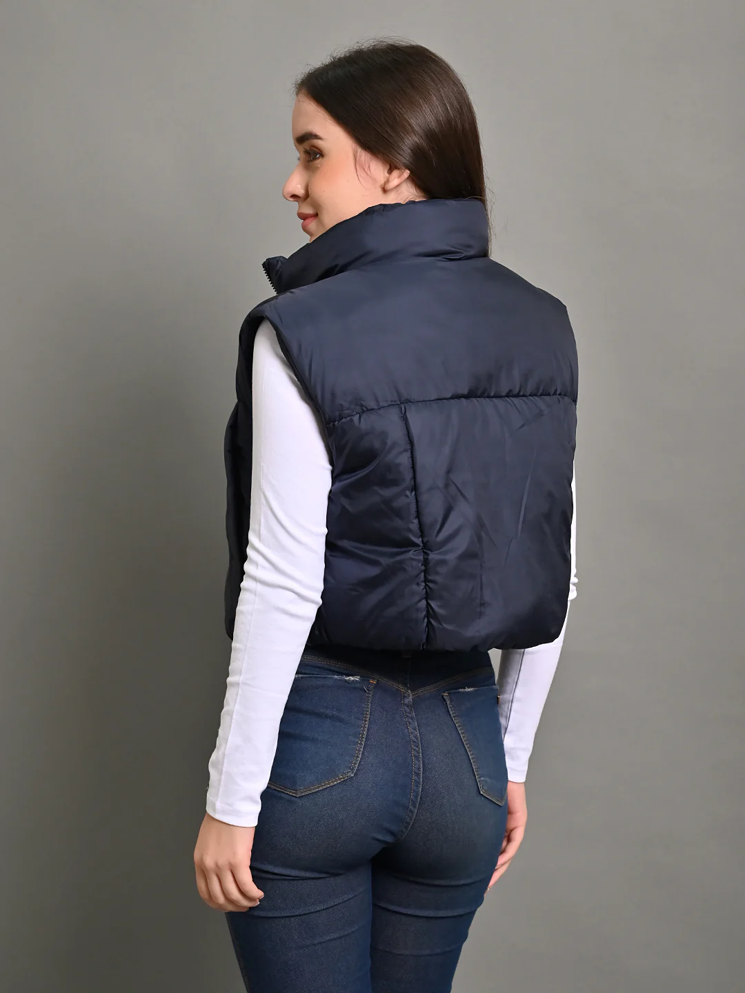 Women Puffer Crop Dark Blue Jacket - Image 4