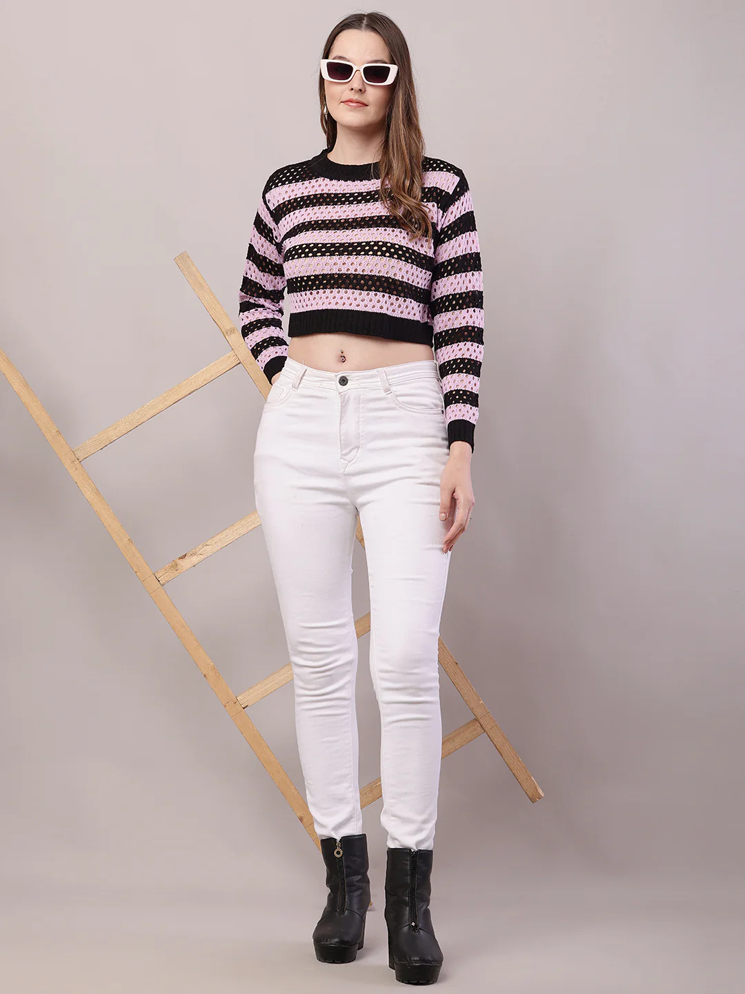 Women Purple Cotton Striped Crochet Full Sleeve Sweater - Image 3