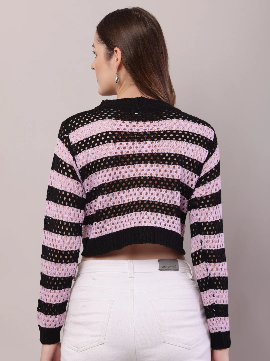Women Purple Cotton Striped Crochet Full Sleeve Sweater - Image 4