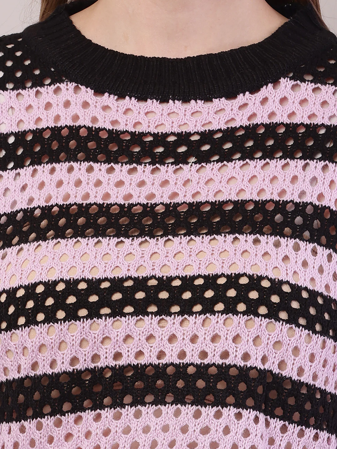 Women Purple Cotton Striped Crochet Full Sleeve Sweater - Image 5
