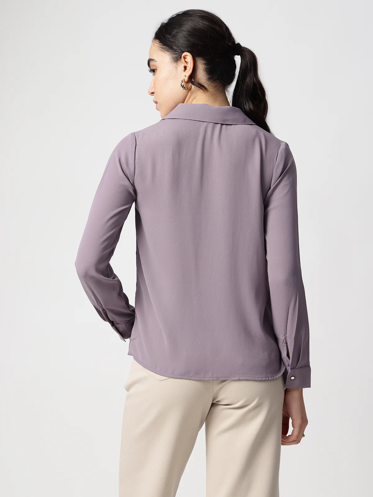Women Purple Cuban Collar Shirt - Image 2