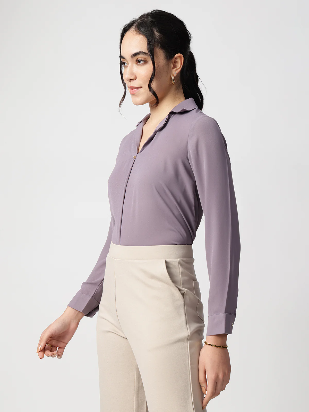 Women Purple Cuban Collar Shirt - Image 3