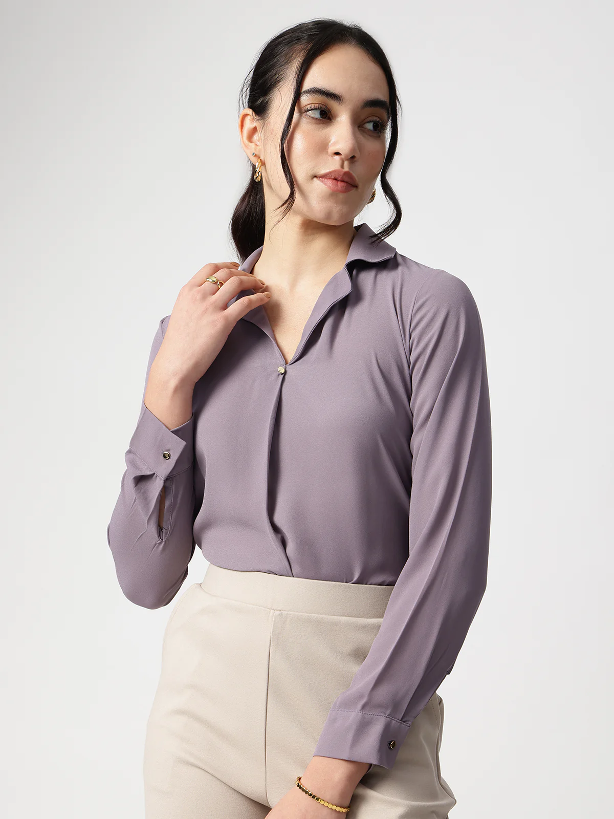 Women Purple Cuban Collar Shirt - Image 6