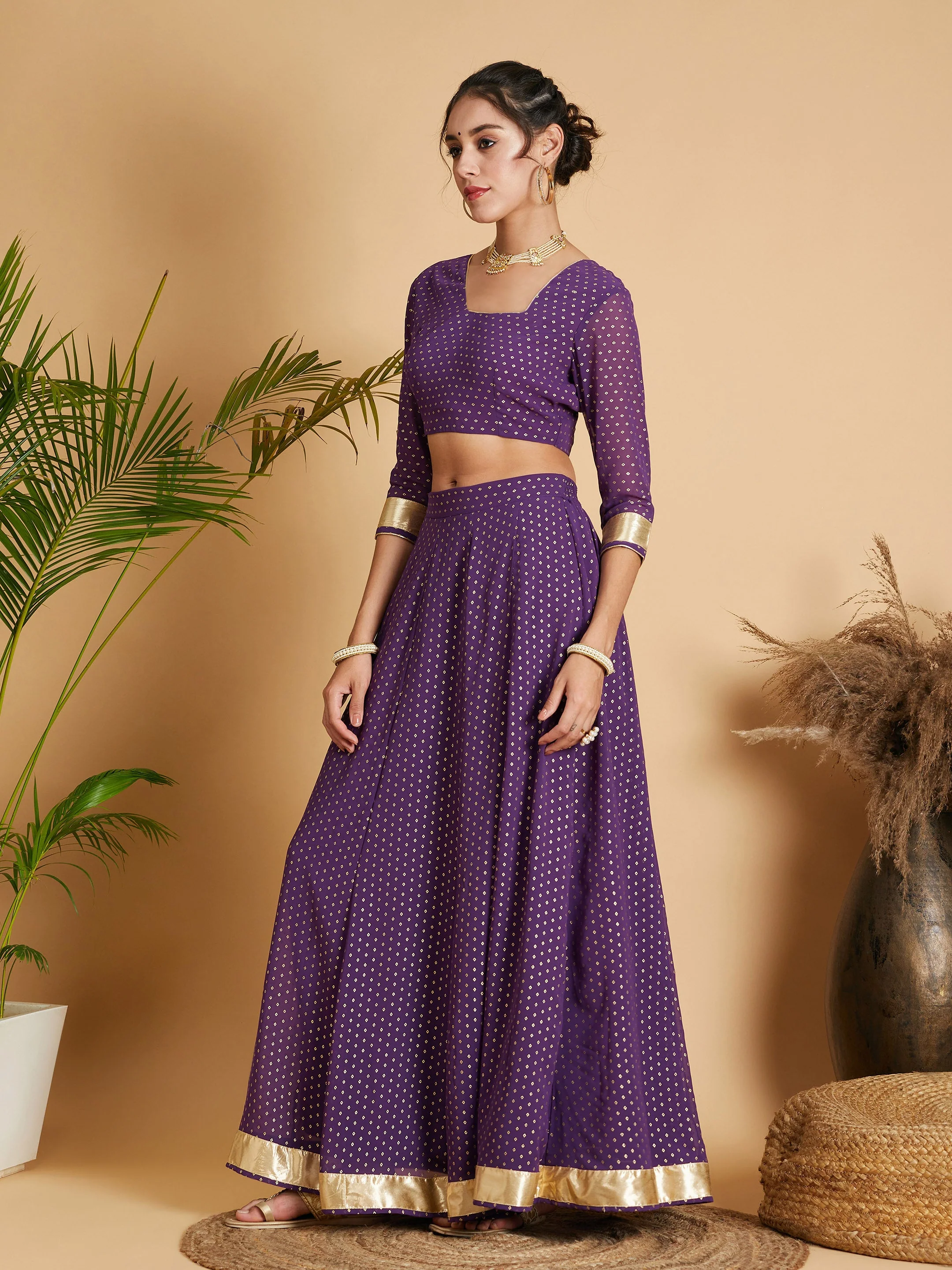 Women Purple Dot Foil Print Anarkali Skirt With Crop Top - Image 3