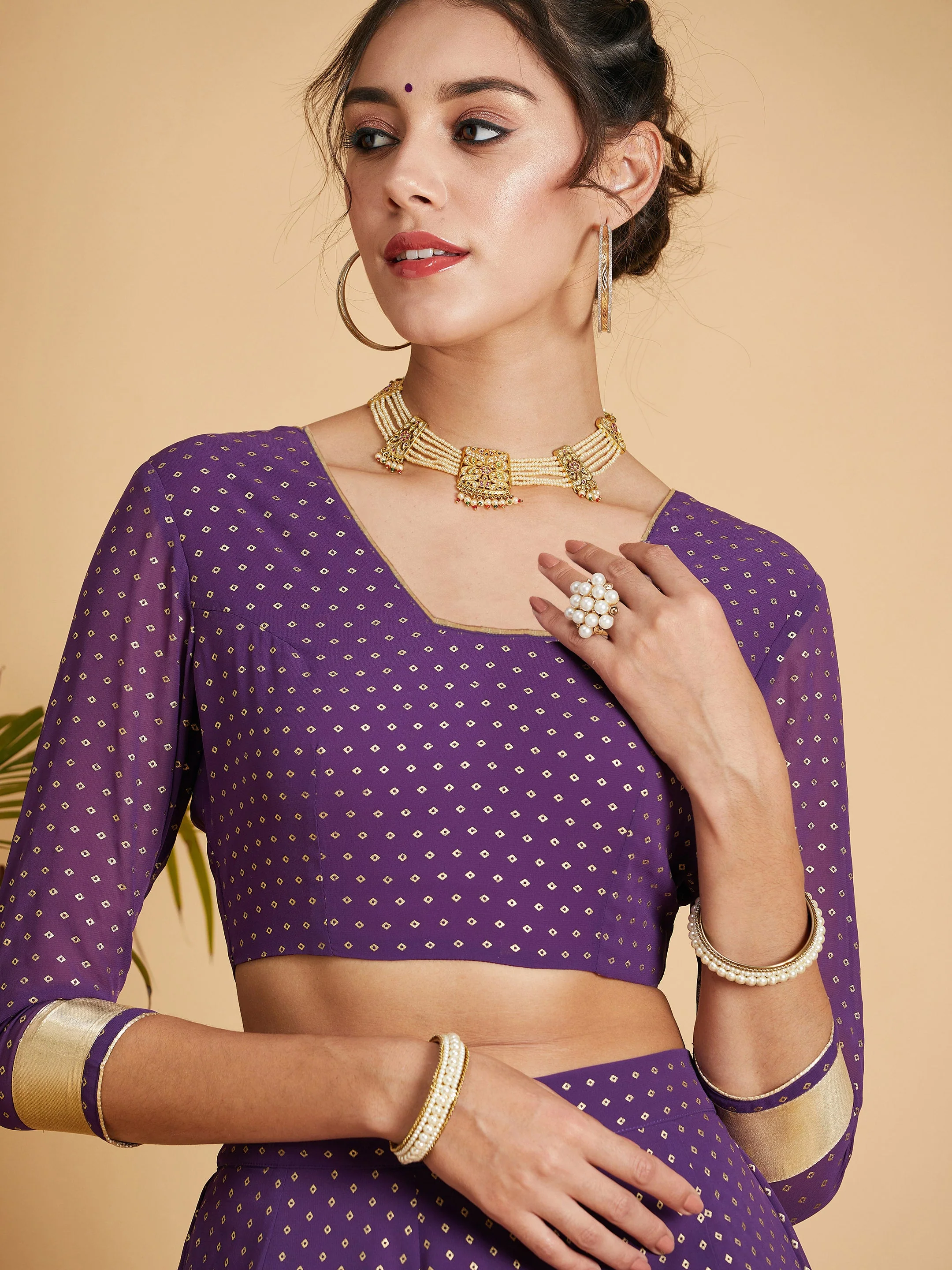 Women Purple Dot Foil Print Anarkali Skirt With Crop Top - Image 4