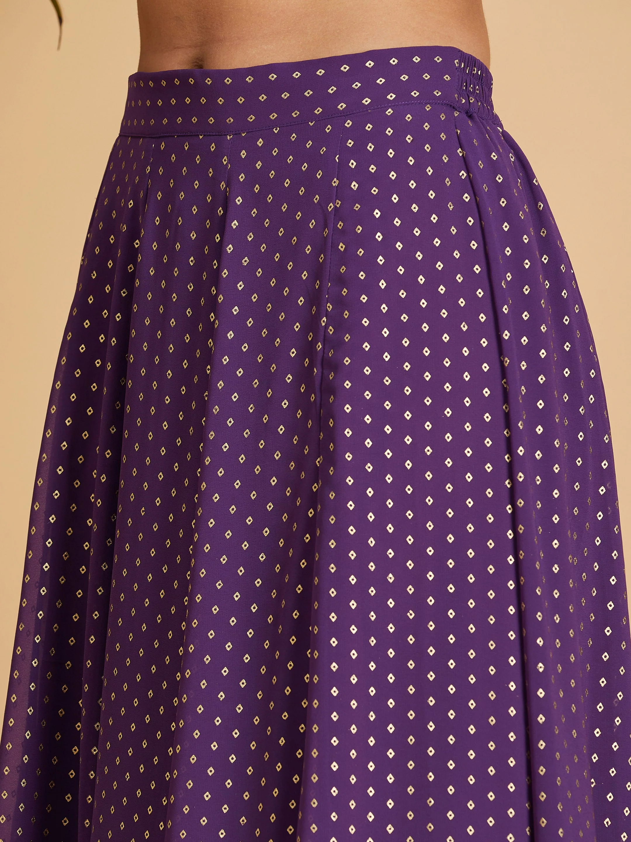 Women Purple Dot Foil Print Anarkali Skirt With Crop Top - Image 5
