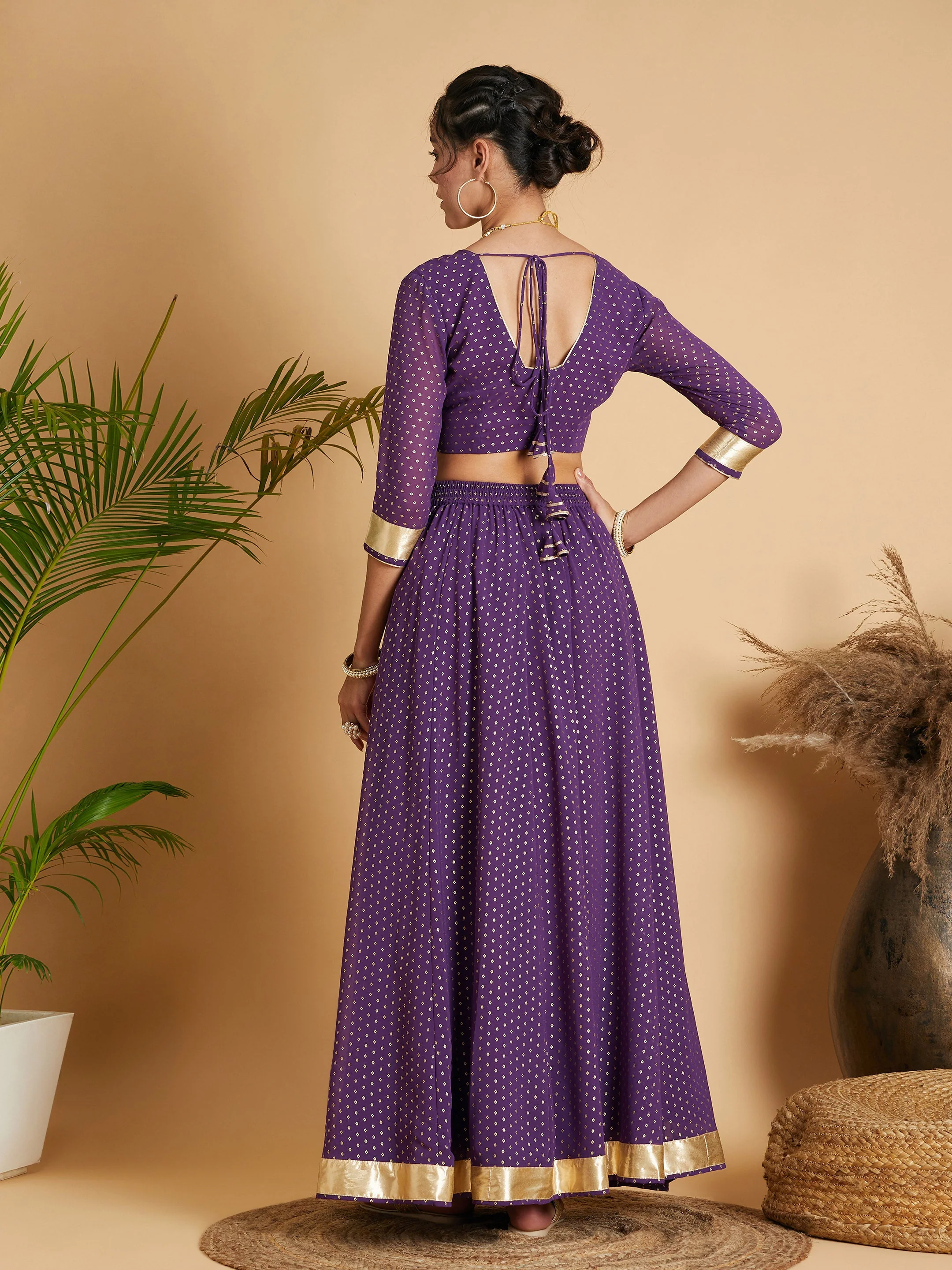 Women Purple Dot Foil Print Anarkali Skirt With Crop Top - Image 6