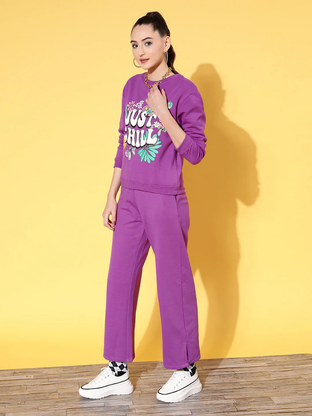 Women Purple Fleece JUST CHILL Sweatshirt With Track Pants - Image 4