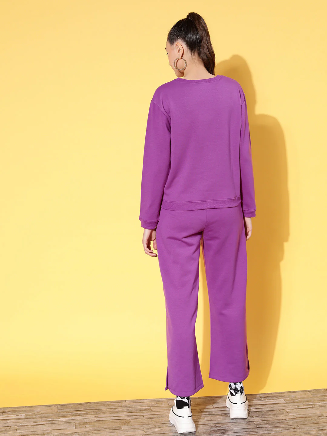 Women Purple Fleece JUST CHILL Sweatshirt With Track Pants - Image 5