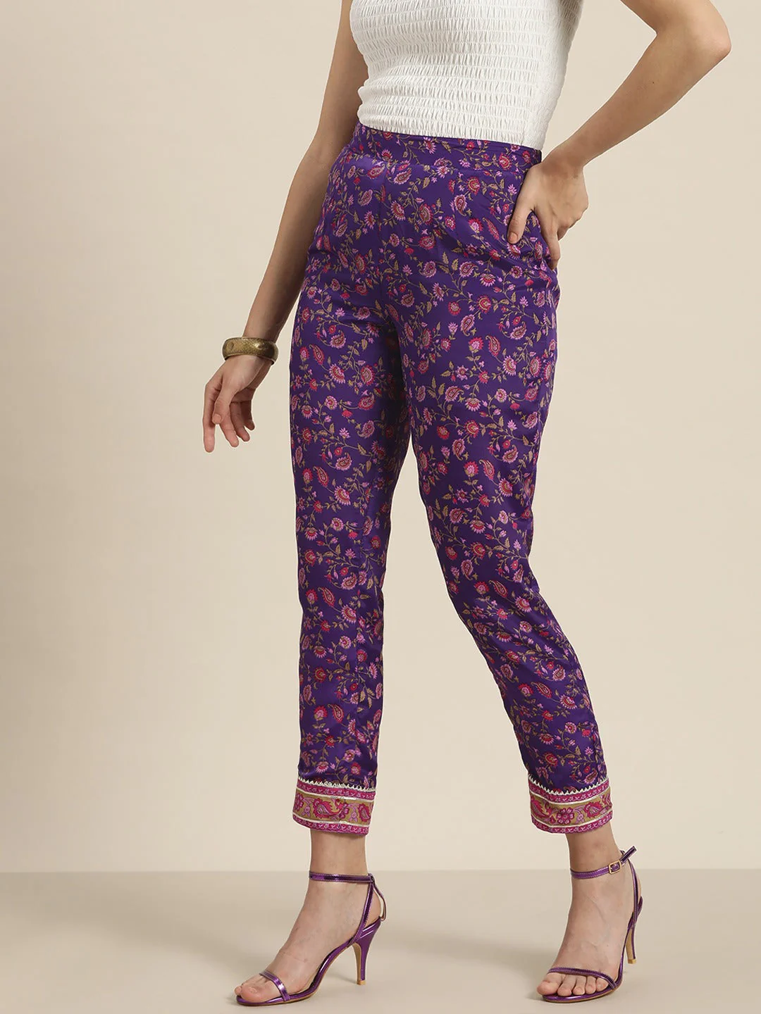 Women Purple Floral Pencil Pants - Image 3