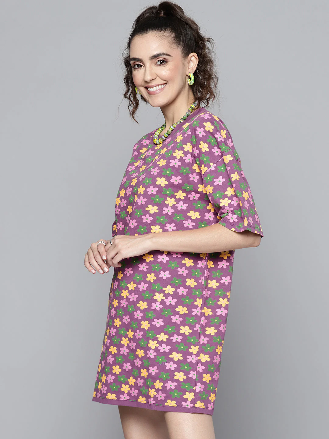 Women Purple Floral T-Shirt Dress - Image 3