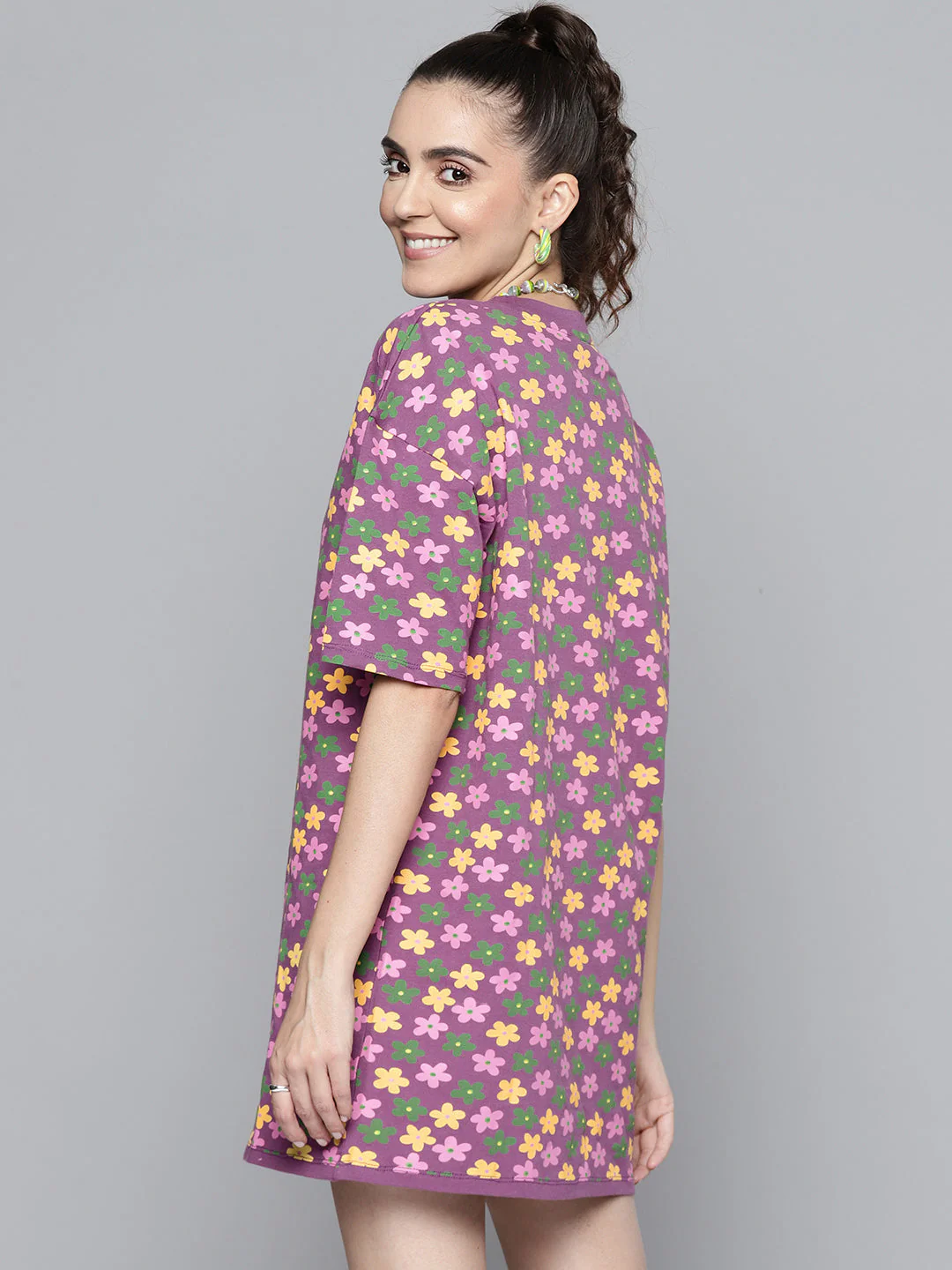 Women Purple Floral T-Shirt Dress - Image 4
