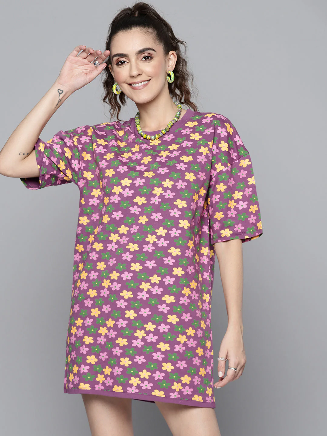 Women Purple Floral T-Shirt Dress - Image 5