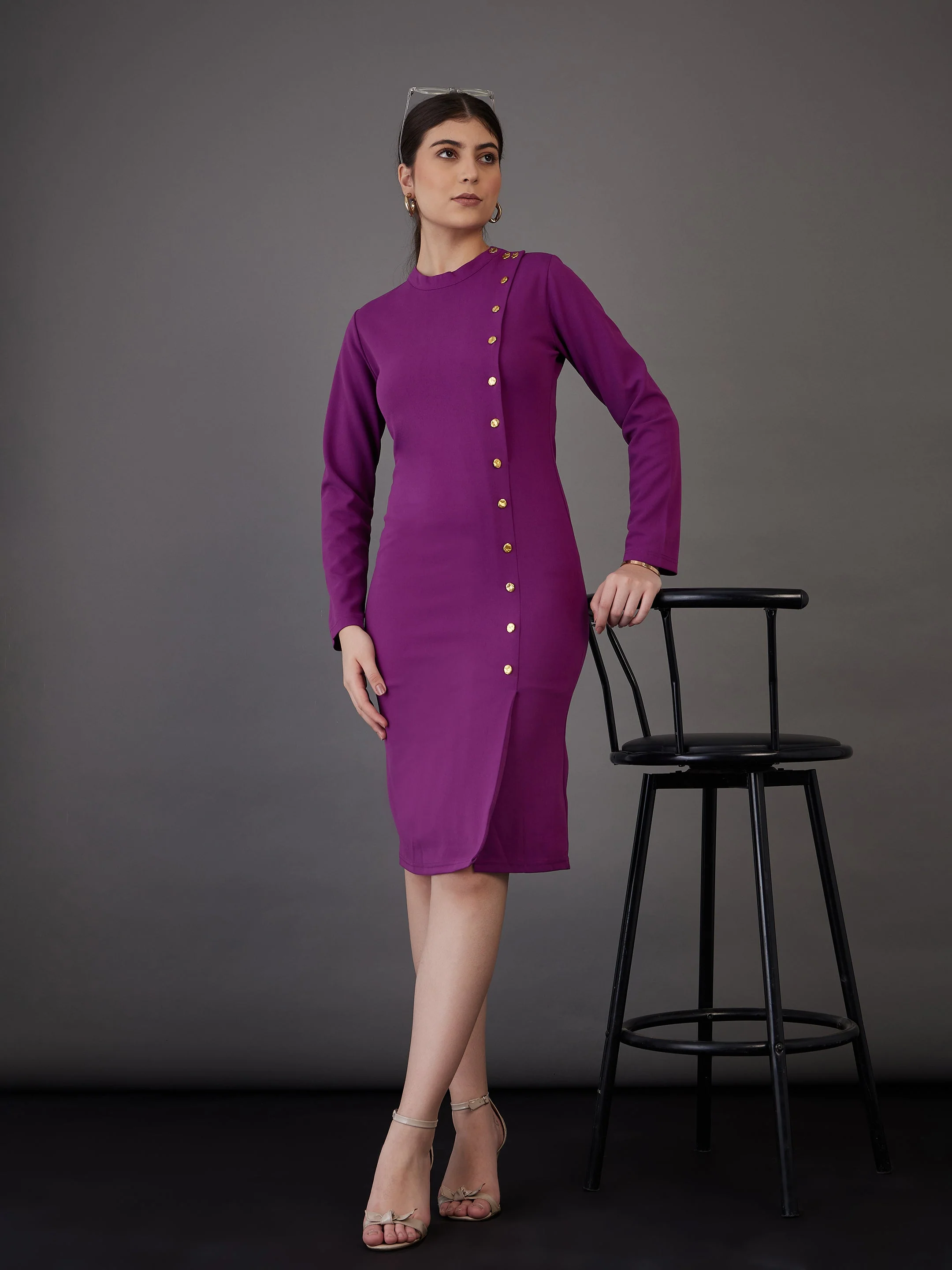 Women Purple Front Button Bodycon Midi Dress - Image 2