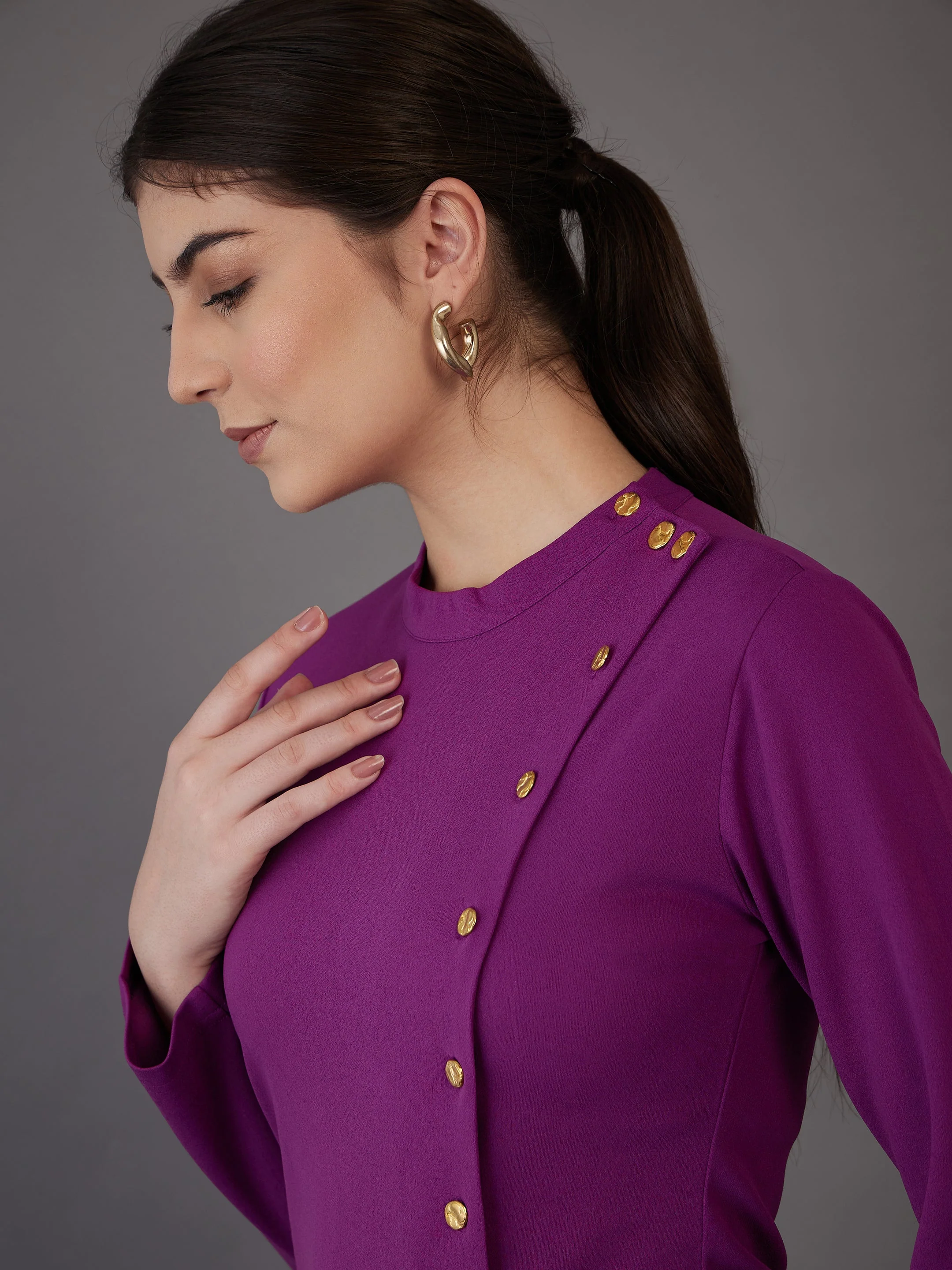 Women Purple Front Button Bodycon Midi Dress - Image 4