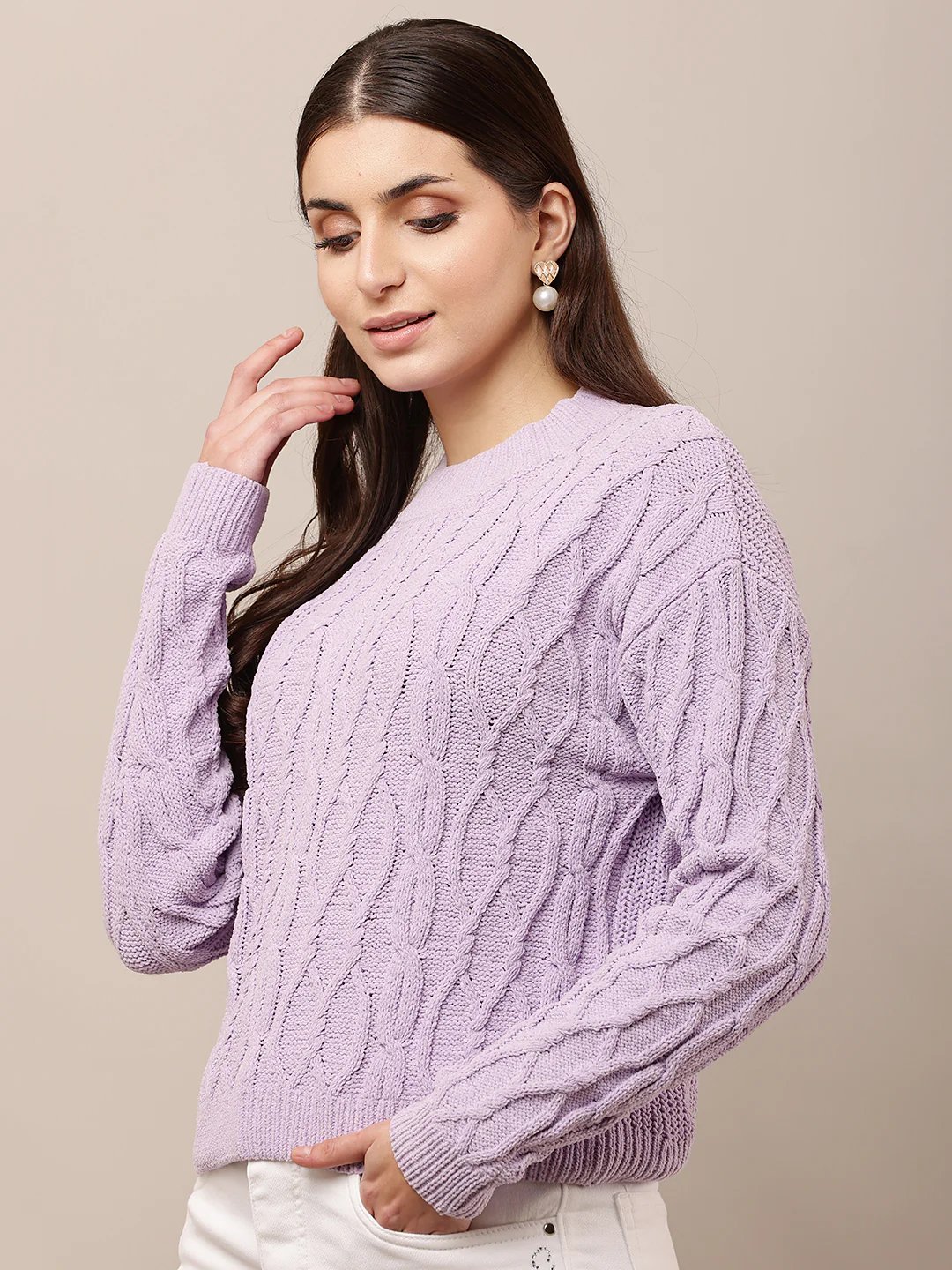 Women Purple Knitted Round Neck Sweater - Image 2