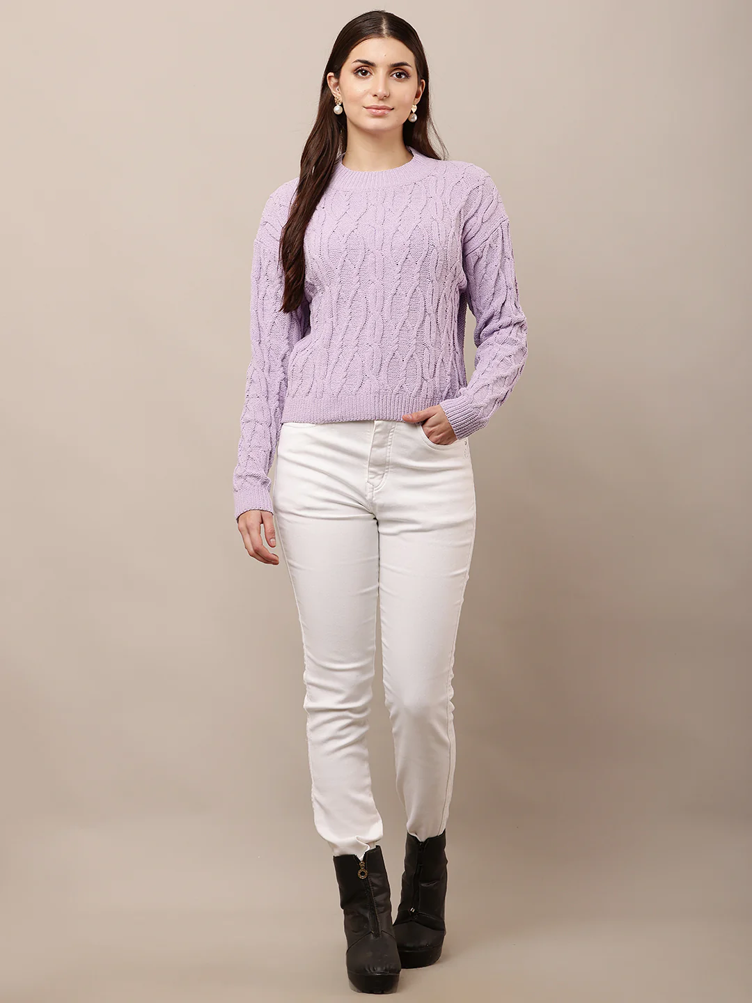 Women Purple Knitted Round Neck Sweater - Image 3