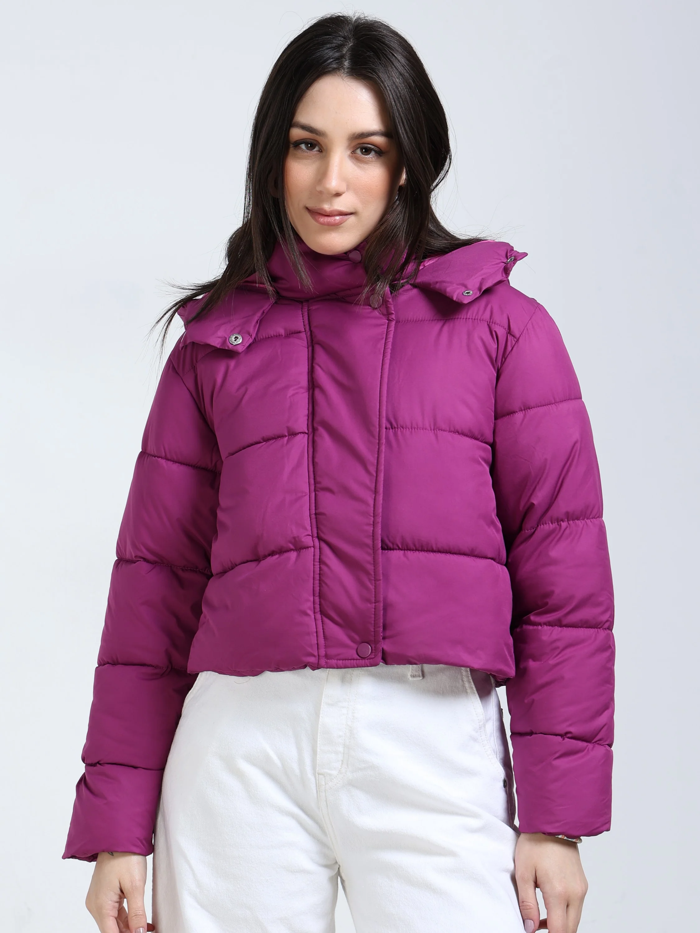 Women Purple Hooded Puffer Jacket - Image 5