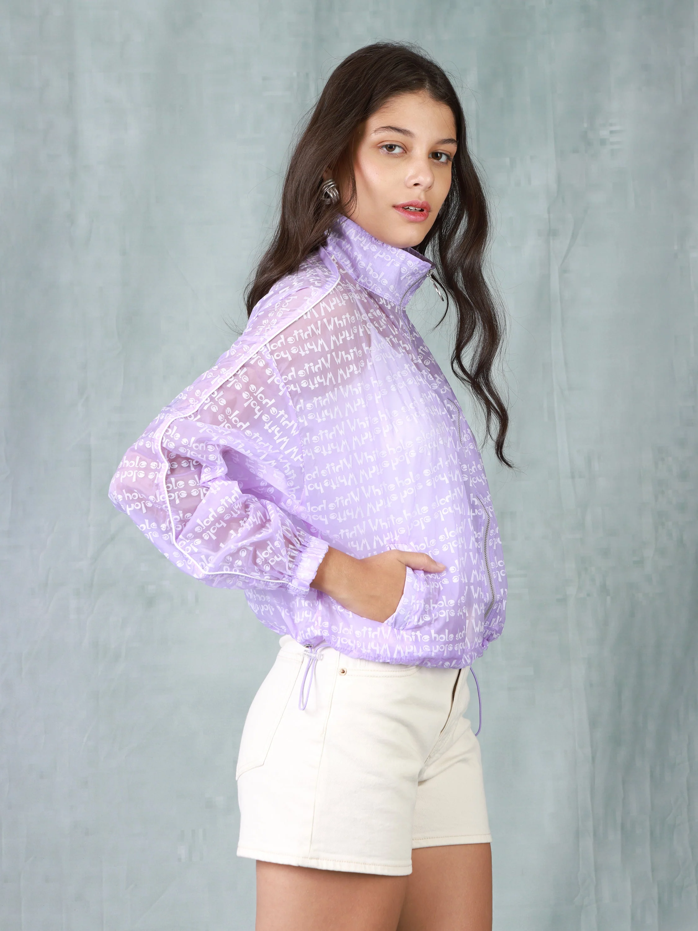 Women Purple Printed Parachute Jacket - Image 2