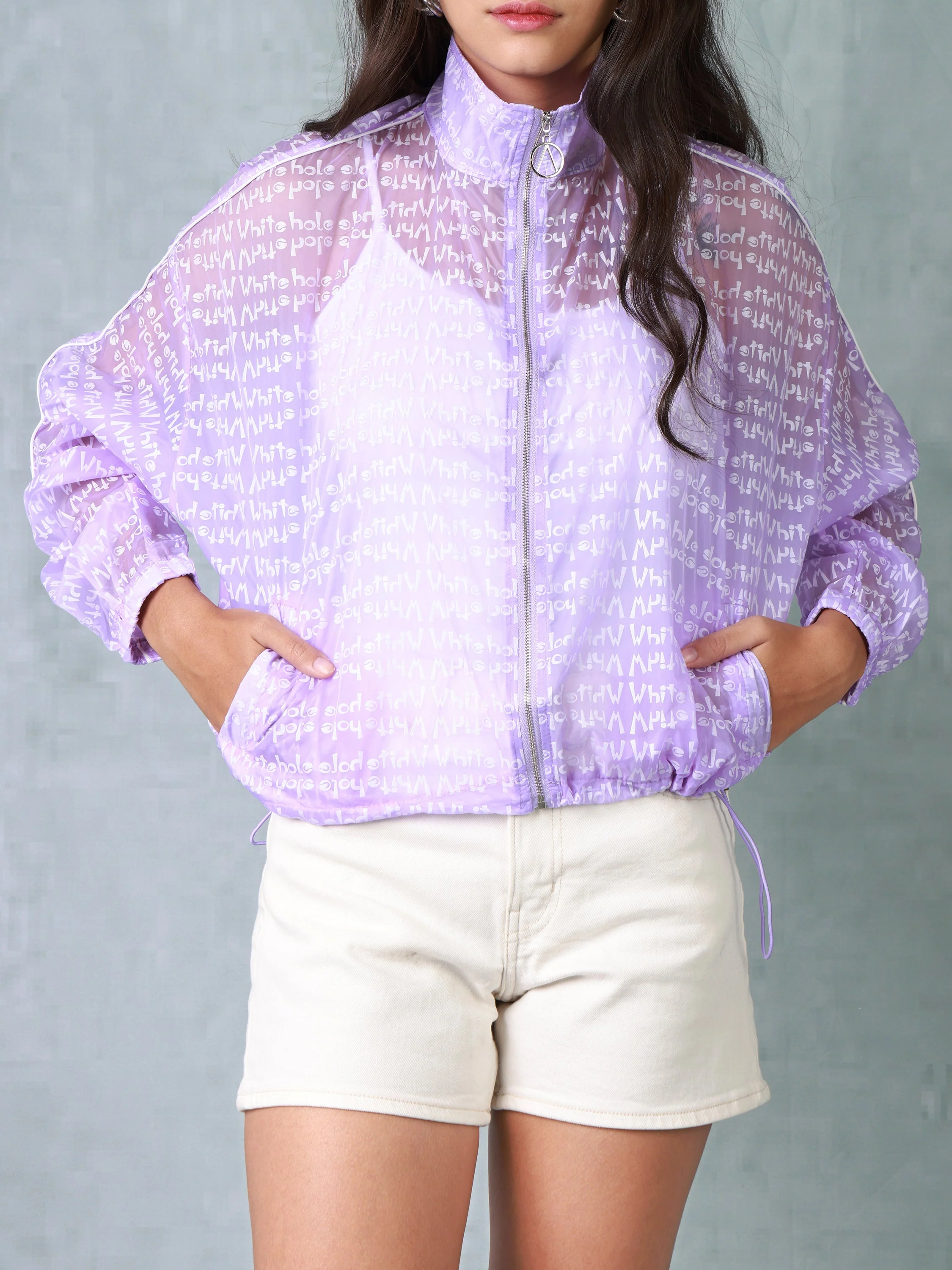 Women Purple Printed Parachute Jacket - Image 5