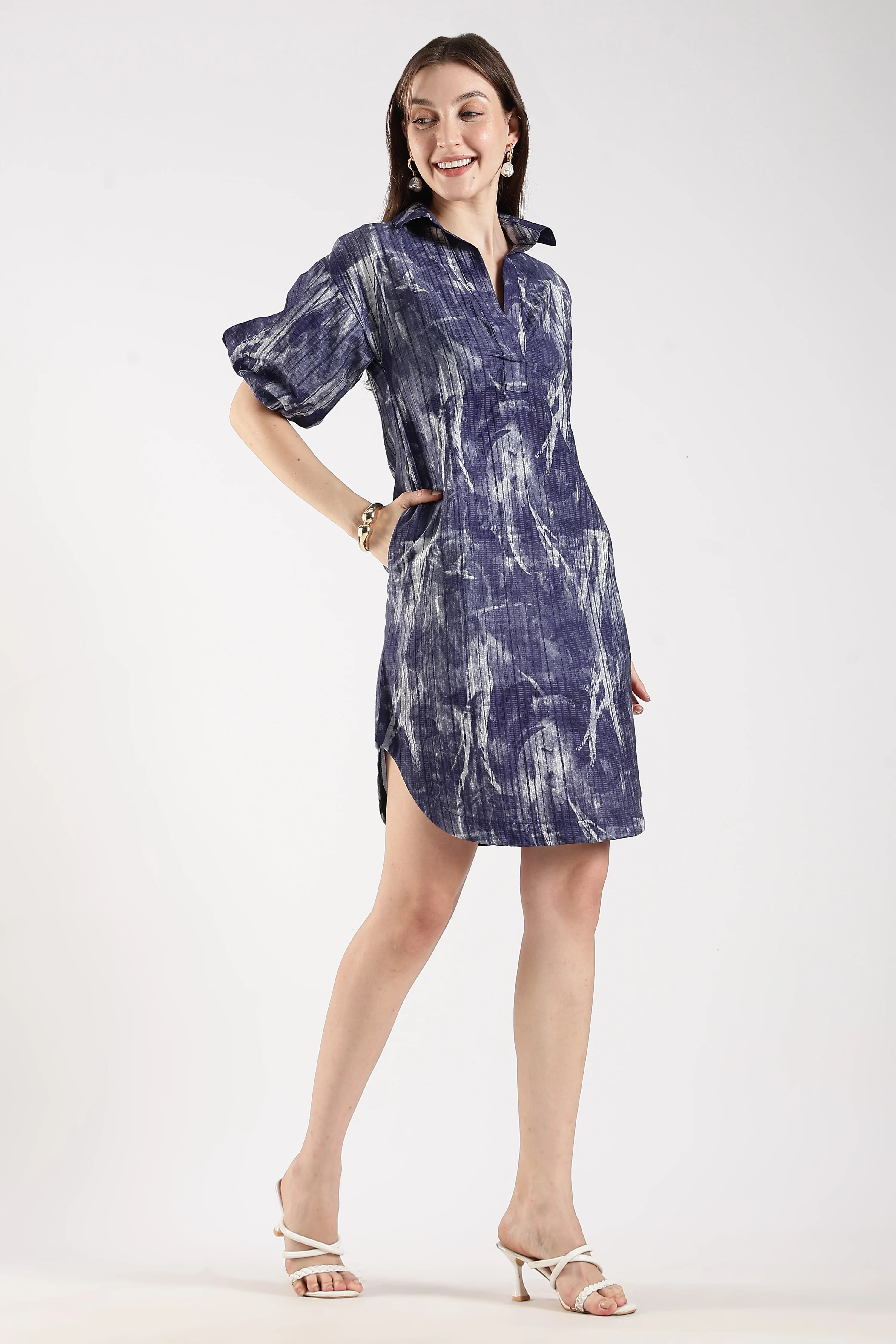Women Purple Puff Sleeves Shirt Dress - Image 4