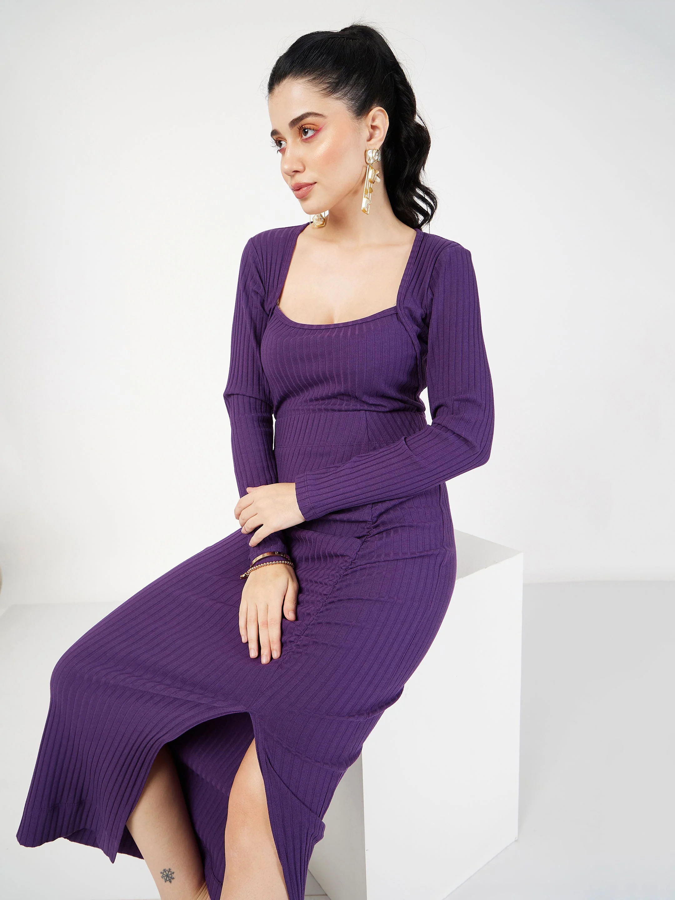 Women Purple Rib Square Neck Full Sleeves Top - Image 2
