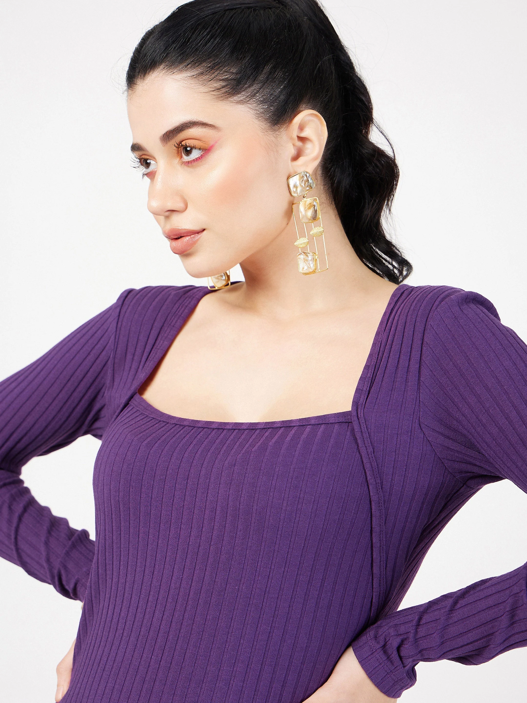 Women Purple Rib Square Neck Full Sleeves Top - Image 4