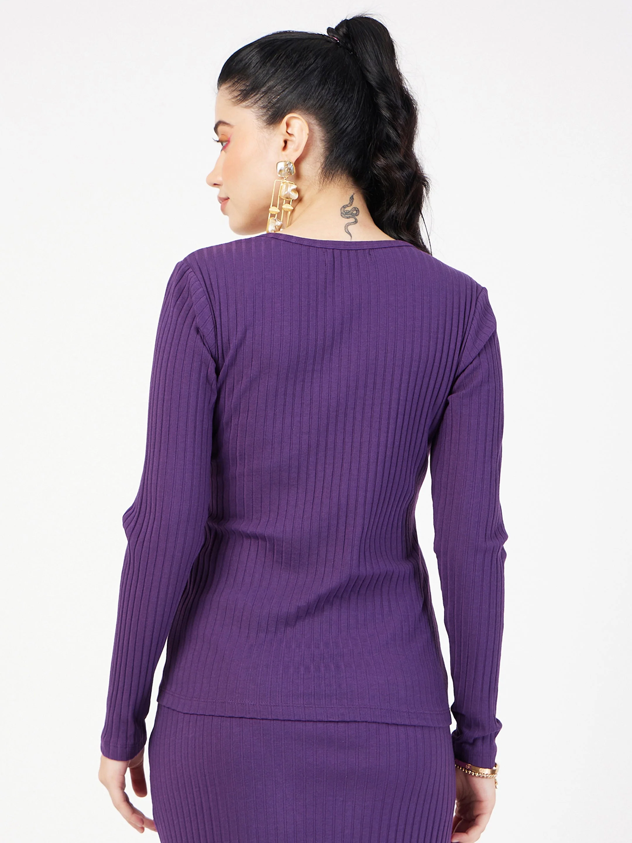 Women Purple Rib Square Neck Full Sleeves Top - Image 5