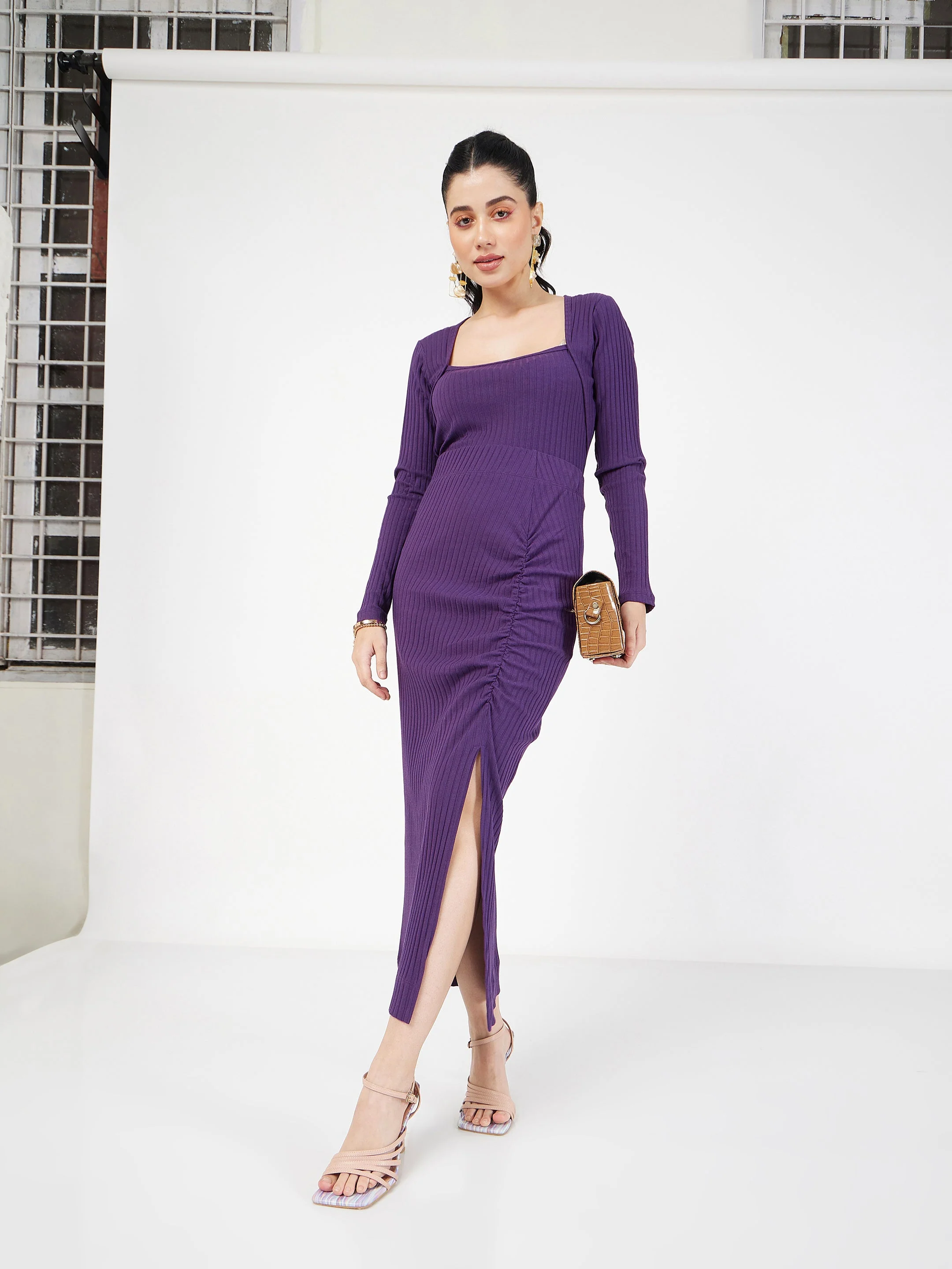 Women Purple Rib Square Neck Full Sleeves Top - Image 6