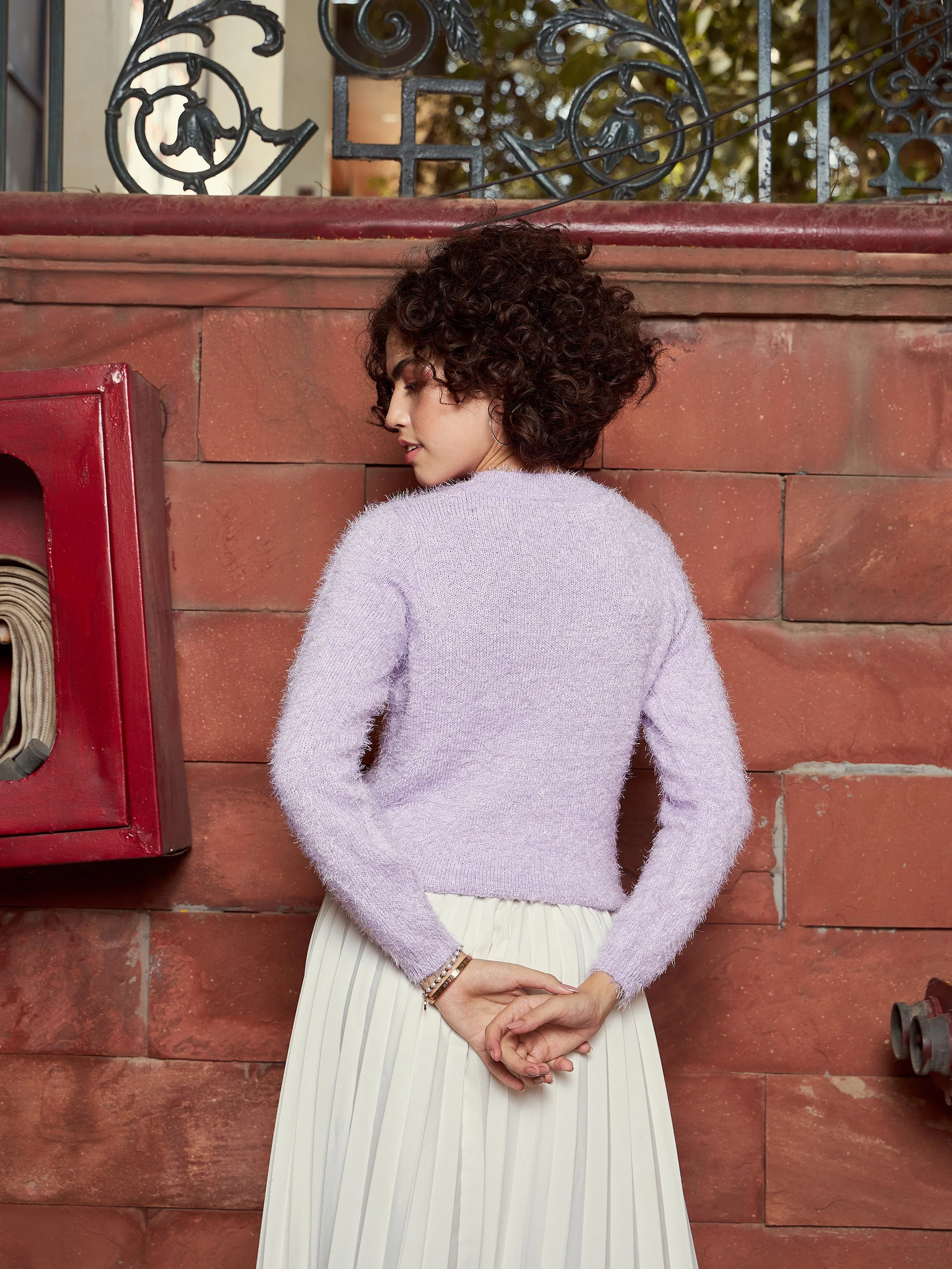 Women Purple Round Neck Hairy Fur Pullover Sweater - Image 5