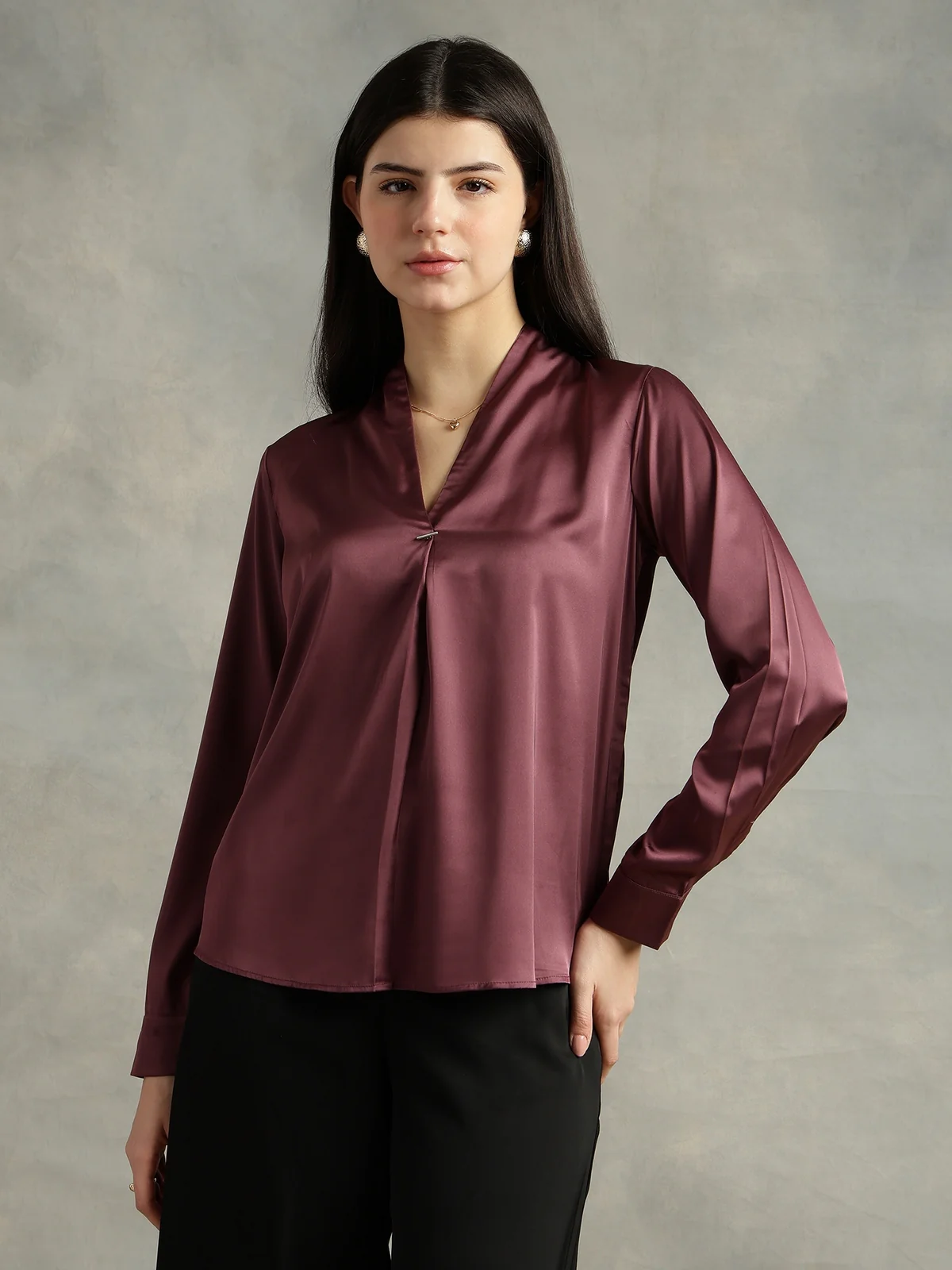Women Purple Satin V-Neck Top - Image 3