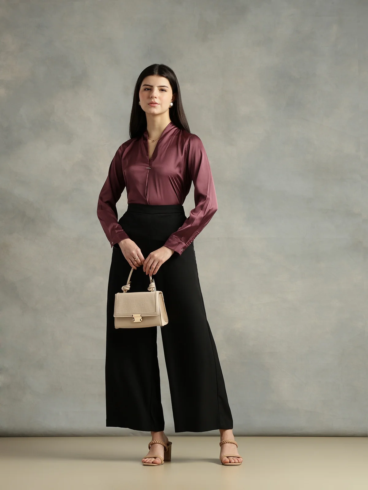 Women Purple Satin V-Neck Top - Image 6