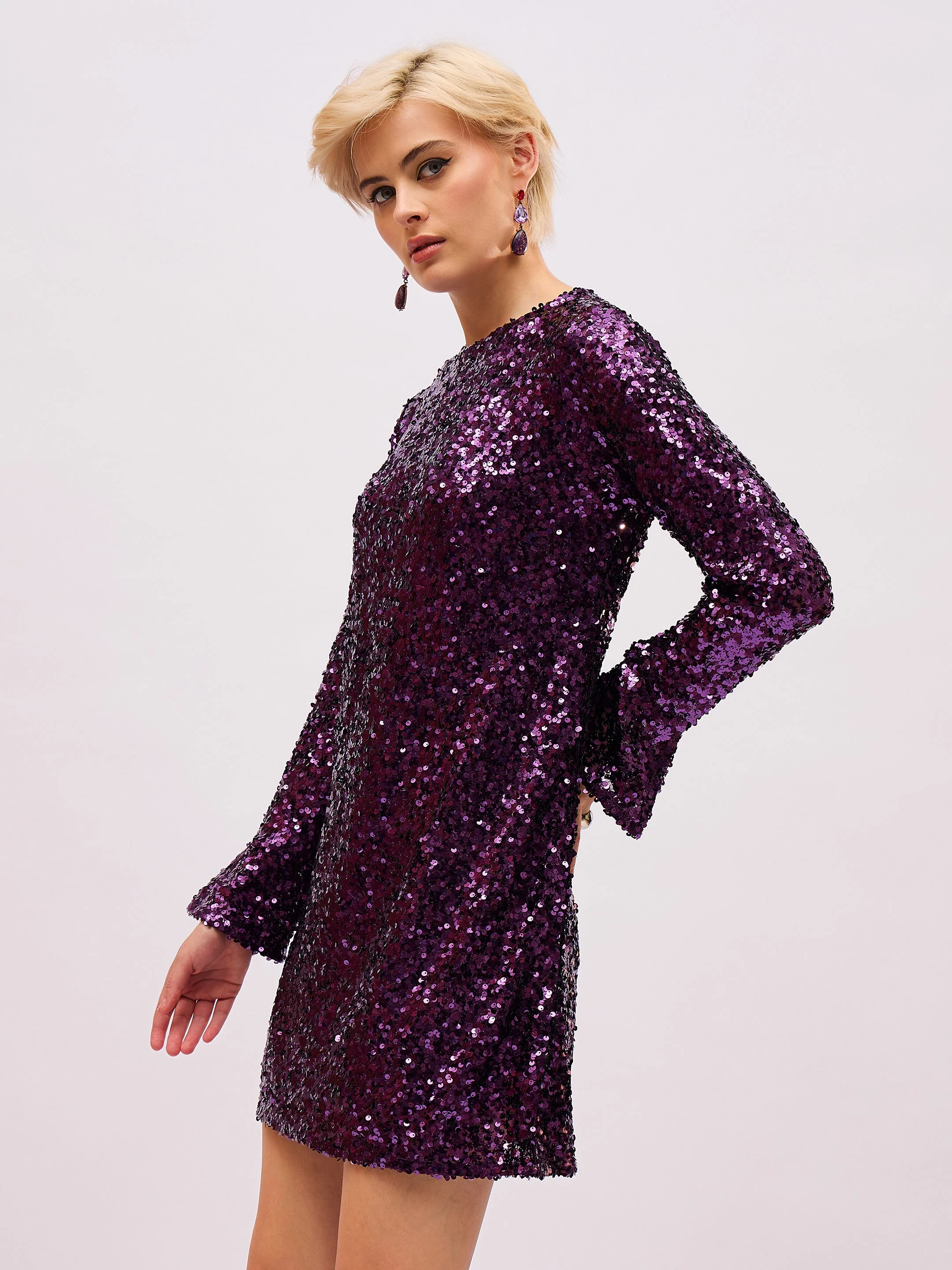 Women Purple Sequin Back Cut-Out Short Dress - Image 3