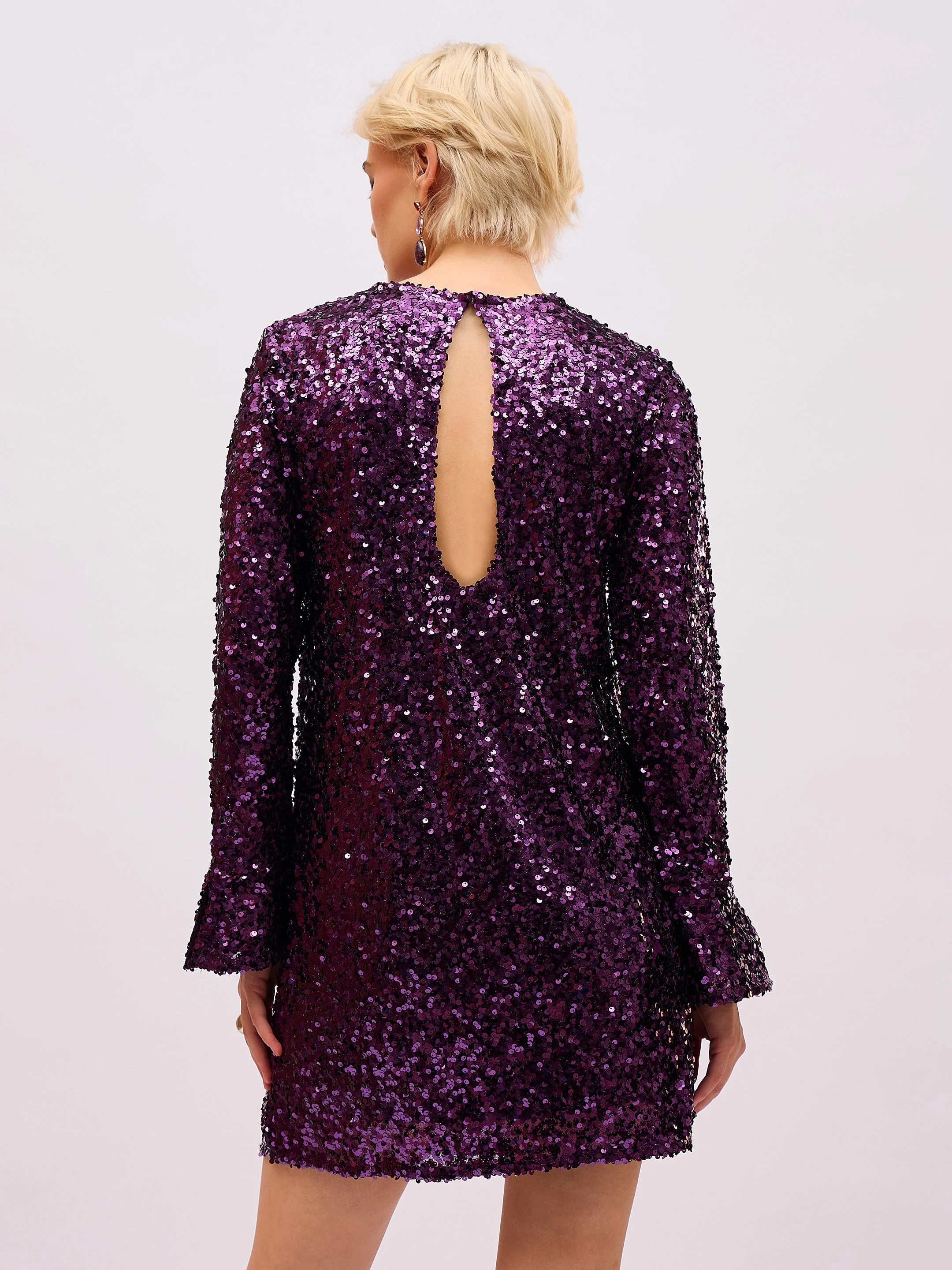 Women Purple Sequin Back Cut-Out Short Dress - Image 5