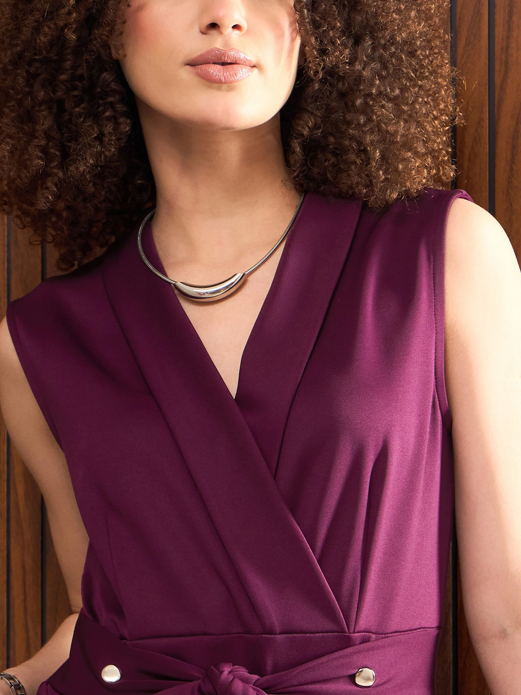 Women Purple Shawl Collar Front Tie Belted Jumpsuit - Image 4