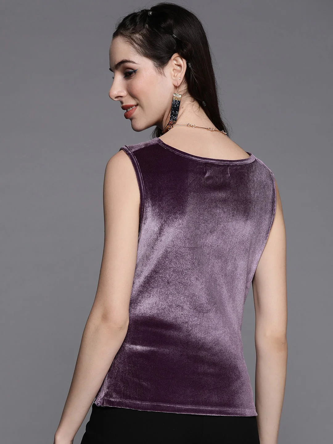 Women Purple Velvet Cowl Neck Sleeveless Top - Image 4
