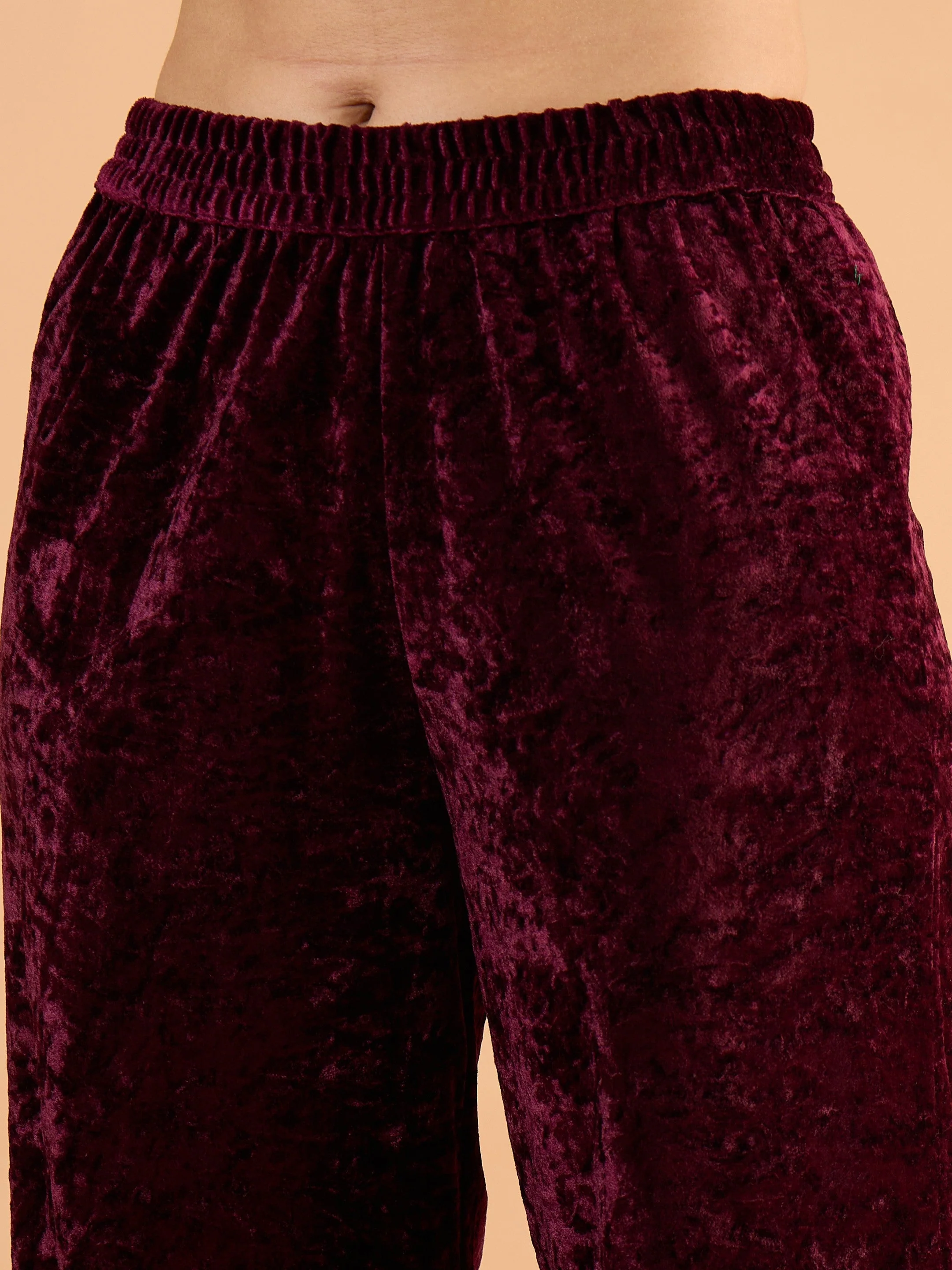 Women Purple Velvet Embroidered Short Kurta With Straight Pants - Image 3
